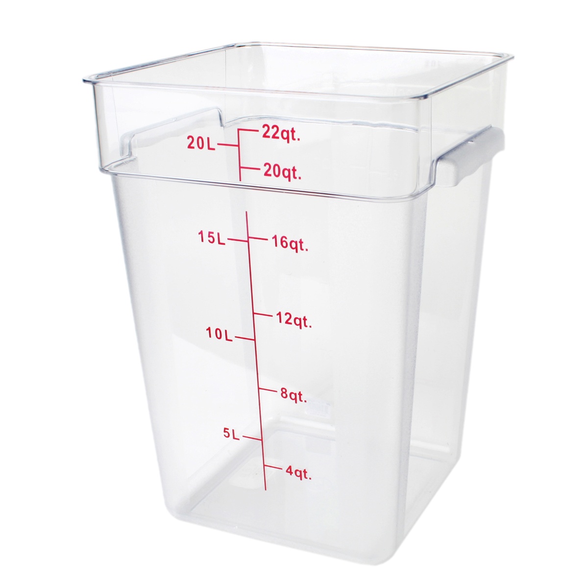Thunder Group PLSFT022PC 22 qt clear square polycarbonate food storage container with printed measurement markings in quarts and liters