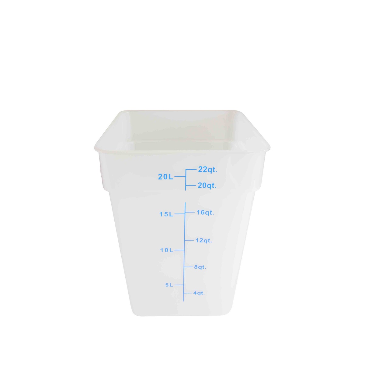 Thunder Group PLSFT022TL 22-quart translucent square polypropylene food storage container with dual-scale measurement markings in quarts and liters