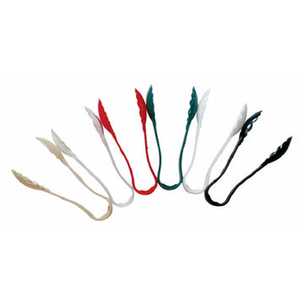 Assorted polycarbonate scallop serving tongs in multiple colors including clear, white, red, green, and black