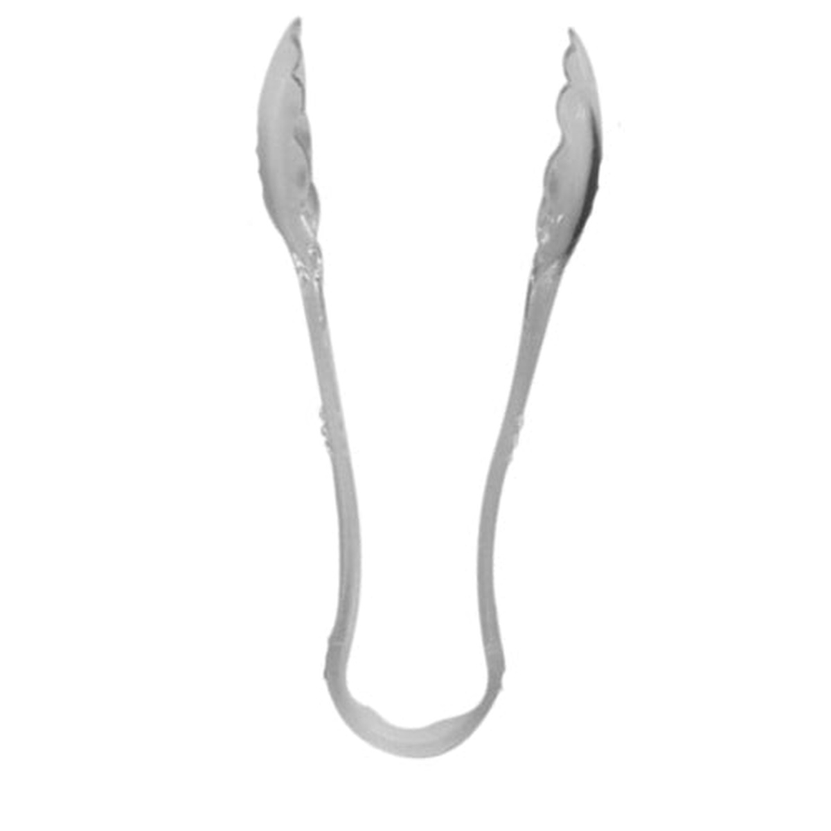 Thunder Group PLSGTG012CL 12-inch clear polycarbonate scallop serving tong, showing scalloped grip tips and one-piece construction
