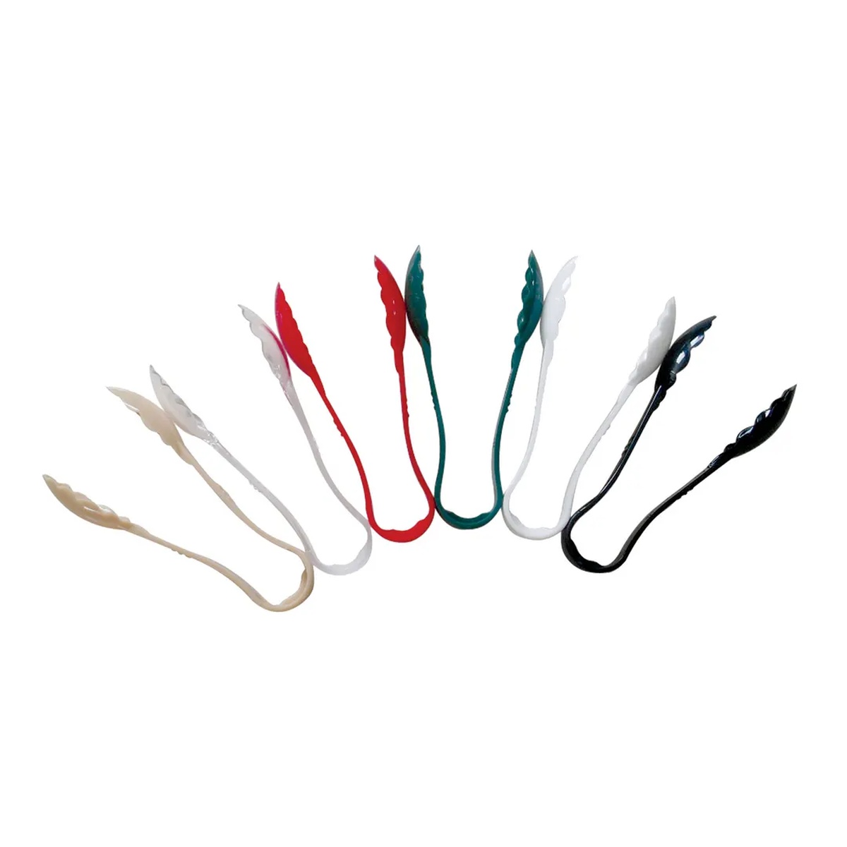 Thunder Group polycarbonate scallop serving tongs shown in multiple colors including beige, red, green, white, and black