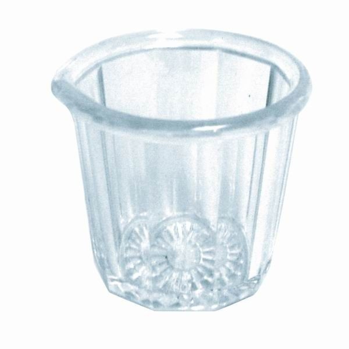 Thunder Group PLSP002D clear fluted acrylic 2 oz syrup cup with paneled sides and short spout