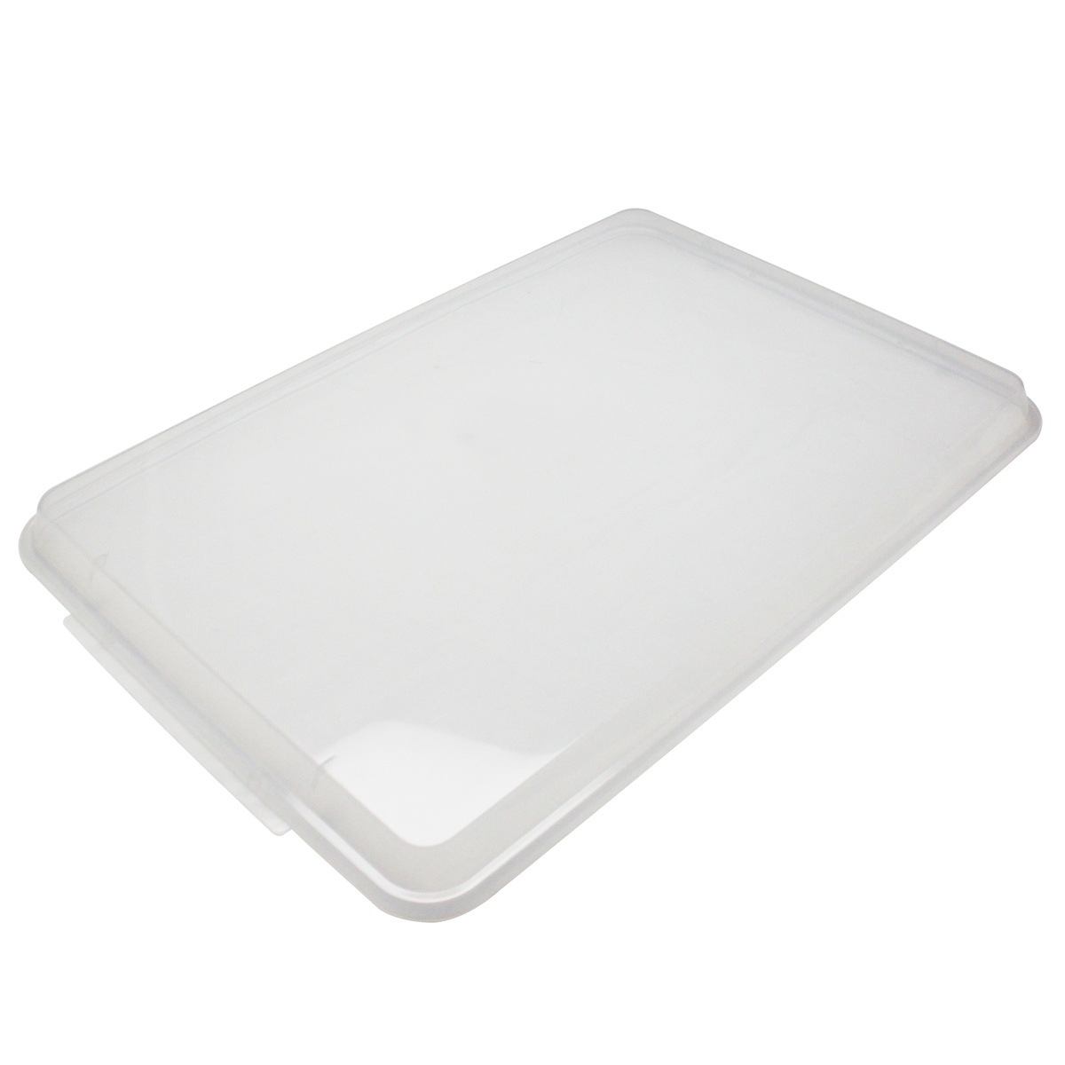 Thunder Group PLSP1013C clear polypropylene quarter-size sheet pan cover, angled view showing low-profile lid with lip edge