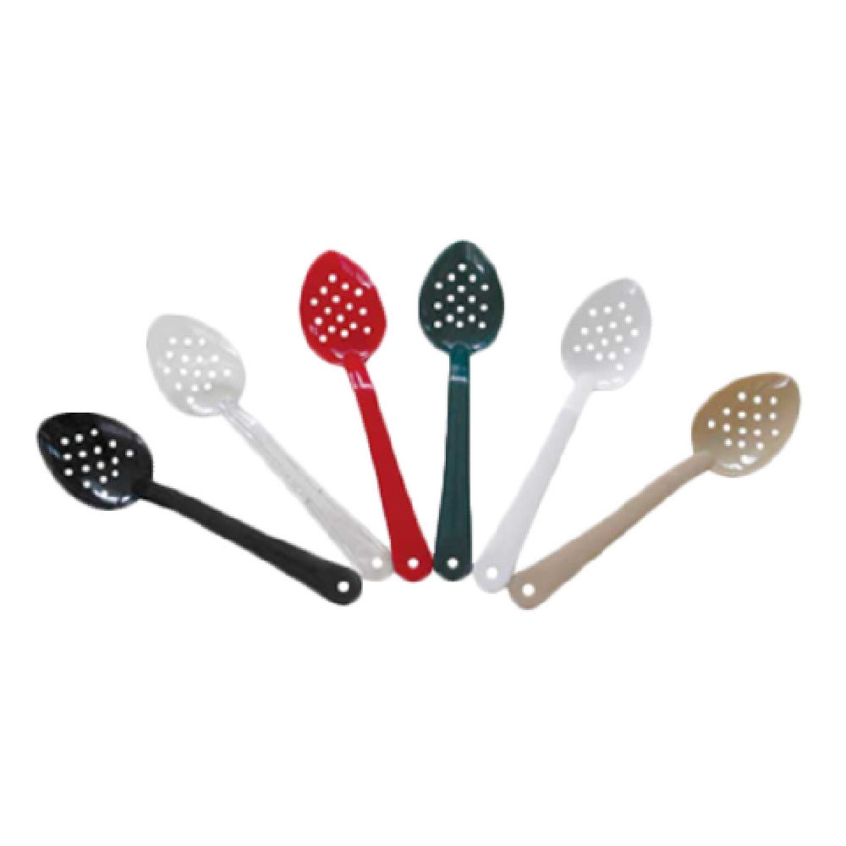 Assortment of Thunder Group polycarbonate serving spoons in multiple colors including black, clear, red, green, white, and tan