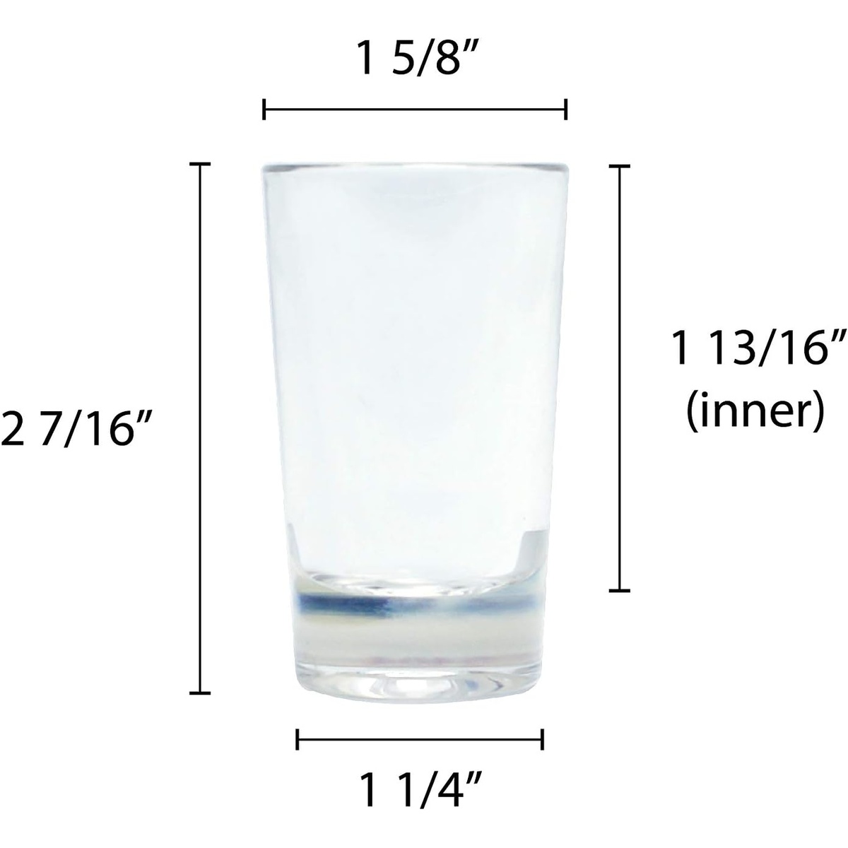 Thunder Group 1 oz polycarbonate shot glass dimension diagram showing 2 7/16 inch height, 1 5/8 inch top width, and 1 1/4 inch base width
