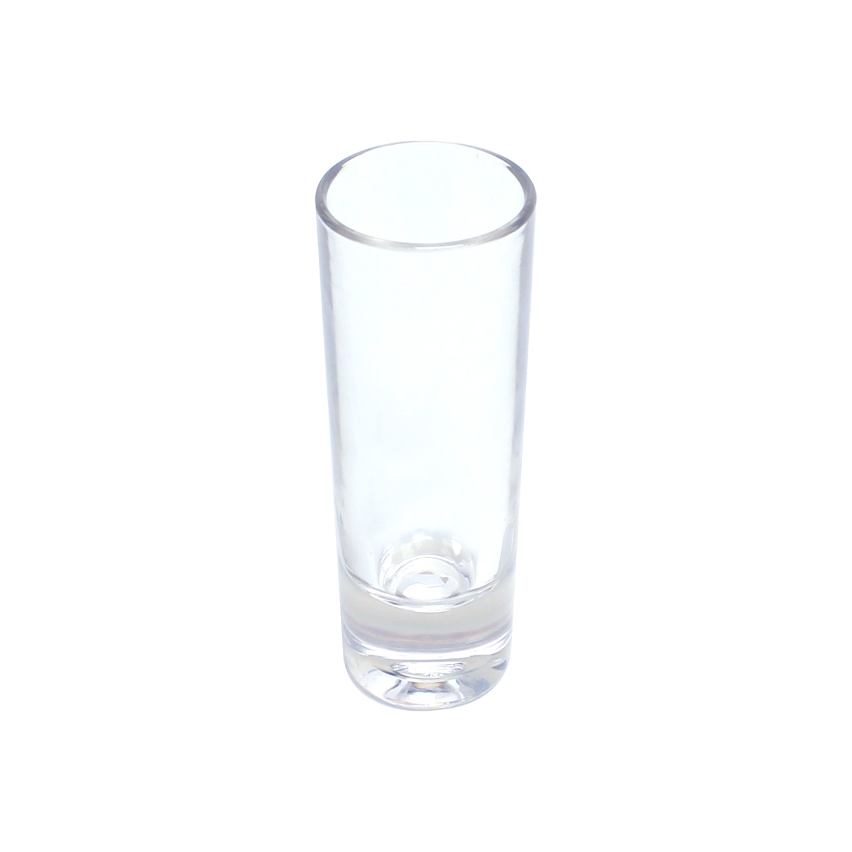 Thunder Group 2 oz clear polycarbonate shot glass, angled view showing heavy base detail