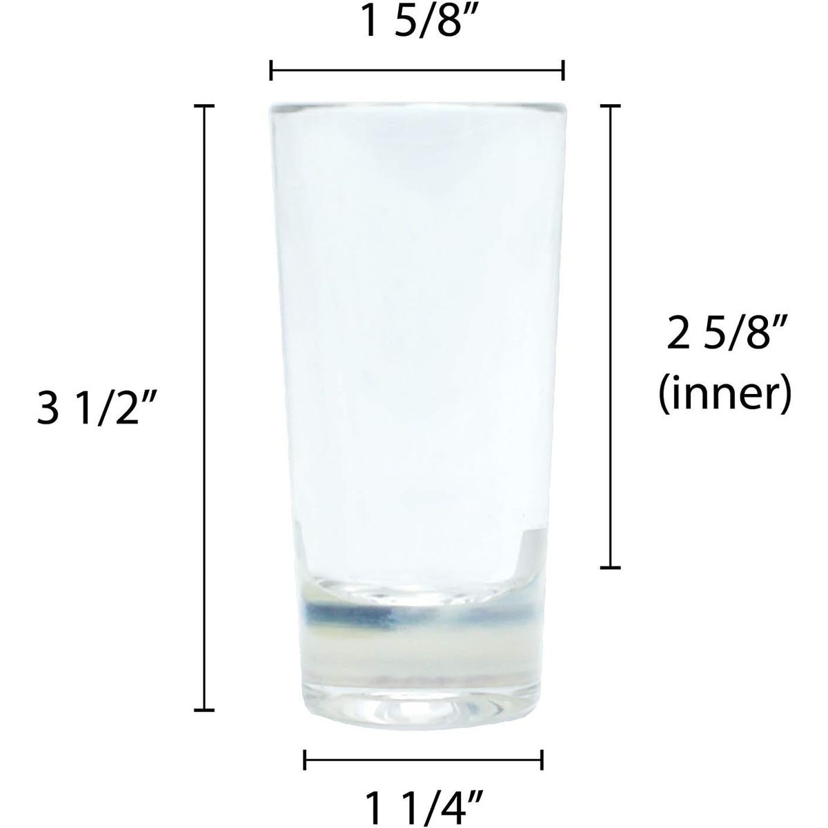 Thunder Group PLTHSG015CC shot glass dimension diagram showing 3-1/2 inch height, 1-5/8 inch top diameter, and 1-1/4 inch bottom diameter