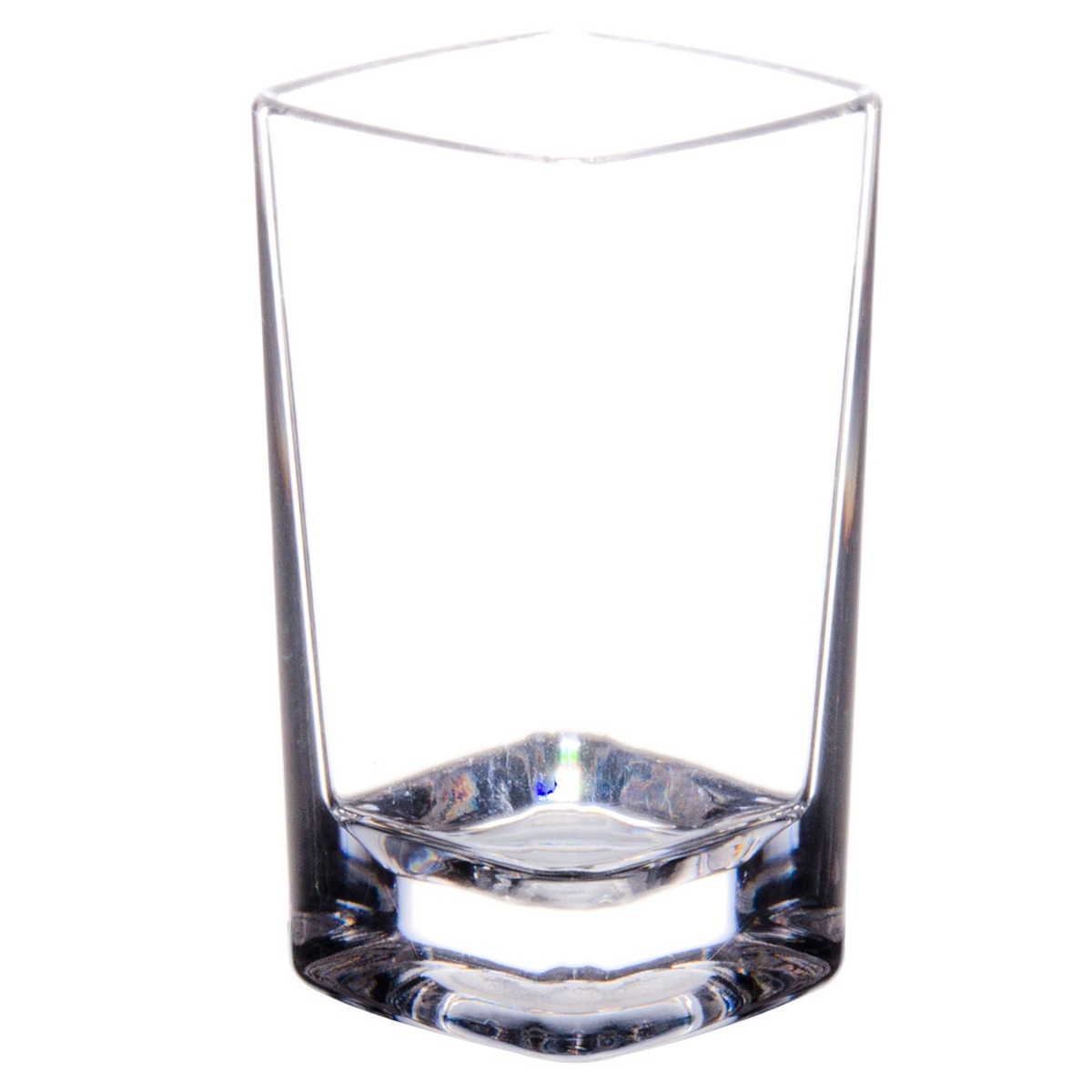 Thunder Group 3 oz. clear polycarbonate square shot glass with heavy base, shown on white background