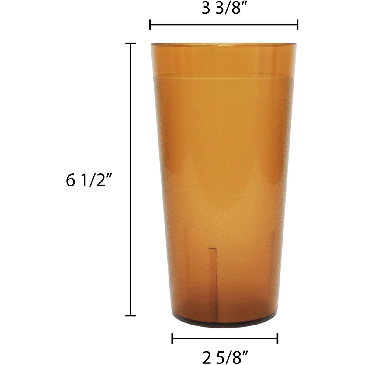 Dimension diagram of Thunder Group 20 oz amber tumbler showing 6.5 inch height, 3 3/8 inch top diameter, and 2 5/8 inch base diameter
