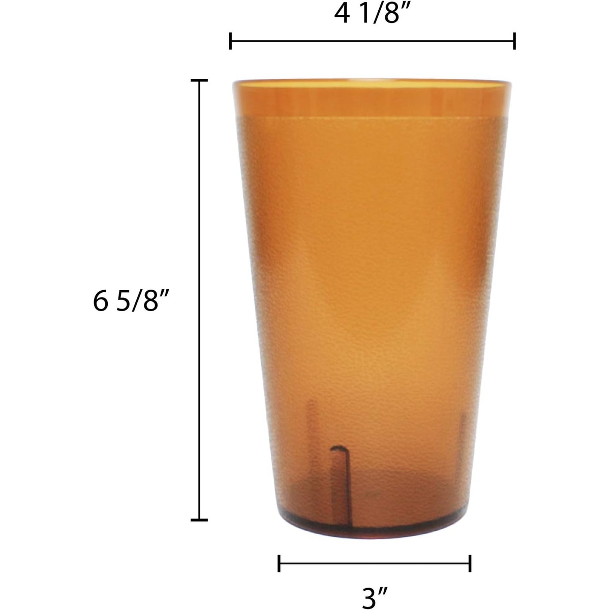 Thunder Group amber tumbler dimension diagram showing 4 1/8 inch top diameter, 3 inch base diameter, and 6 5/8 inch height