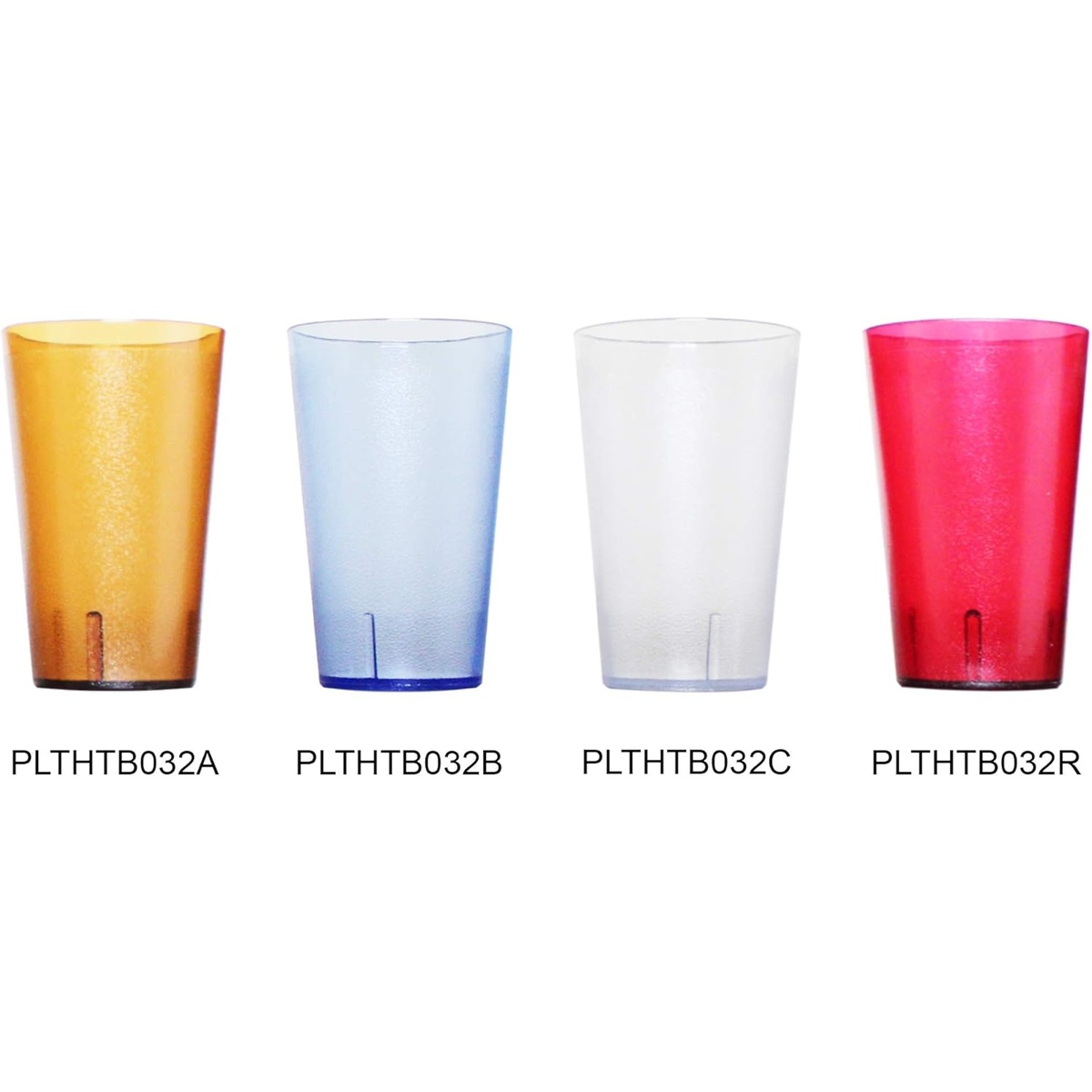 Thunder Group 32 oz plastic tumblers shown in four available colors: amber (PLTHTB032A), blue (PLTHTB032B), clear (PLTHTB032C), and red (PLTHTB032R)