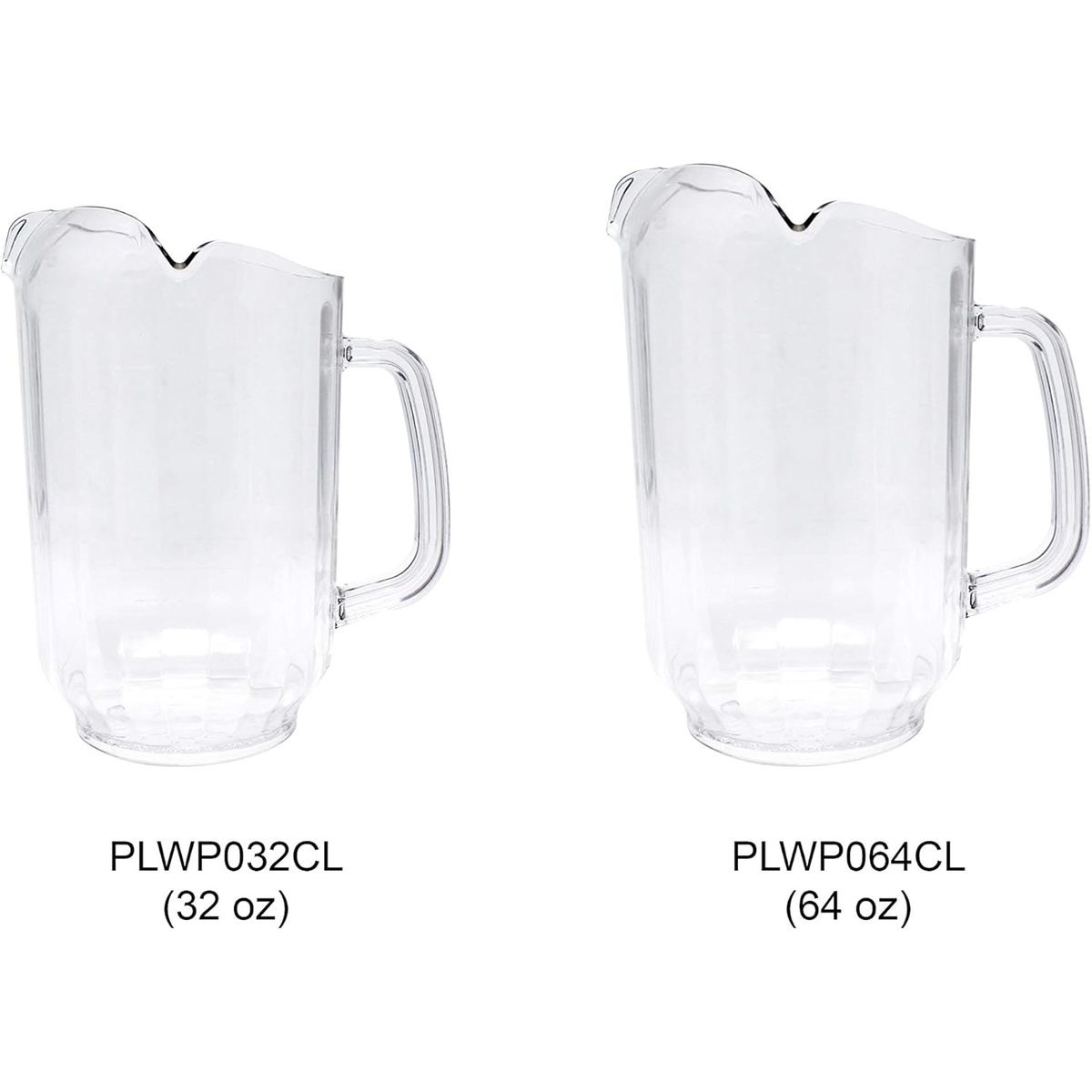 Size comparison of Thunder Group PLWP032CL 32 oz. and PLWP064CL 64 oz. clear polycarbonate pitchers side by side