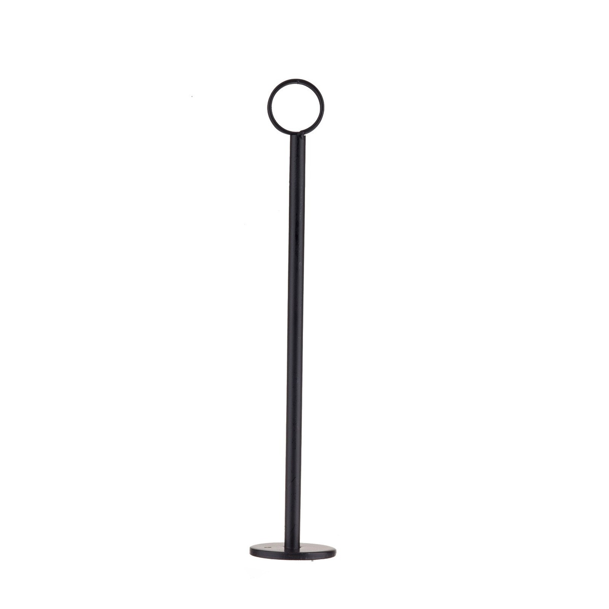 TableCraft BK1912 12-inch black number stand showing flat round base and straight rod, angled view