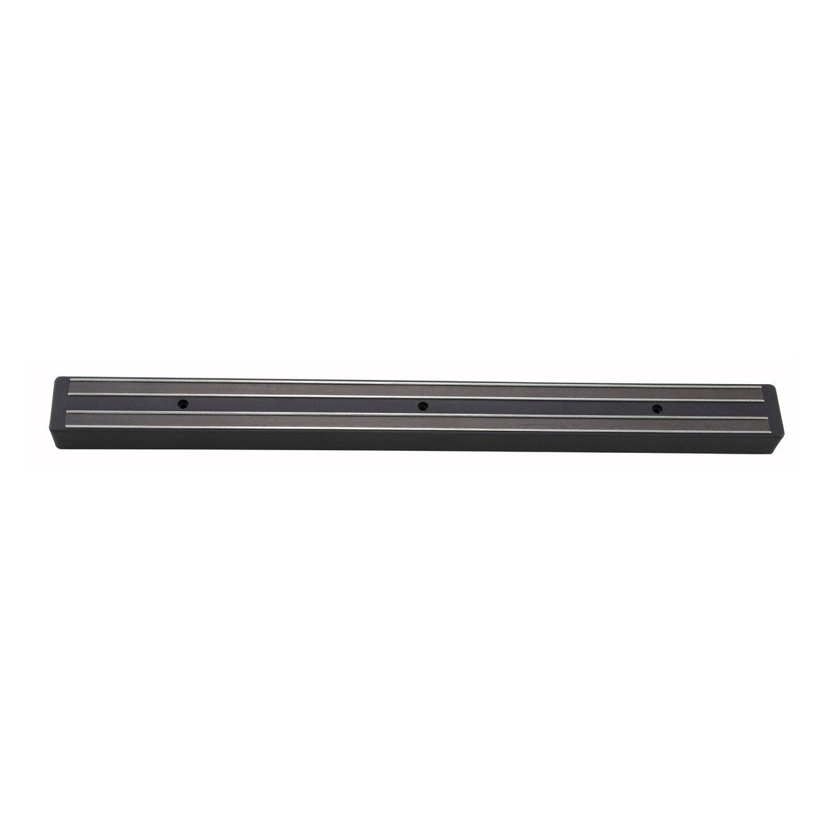 Winco PMB-18 18-inch black plastic magnetic knife bar with three magnetic strips and pre-drilled mounting holes
