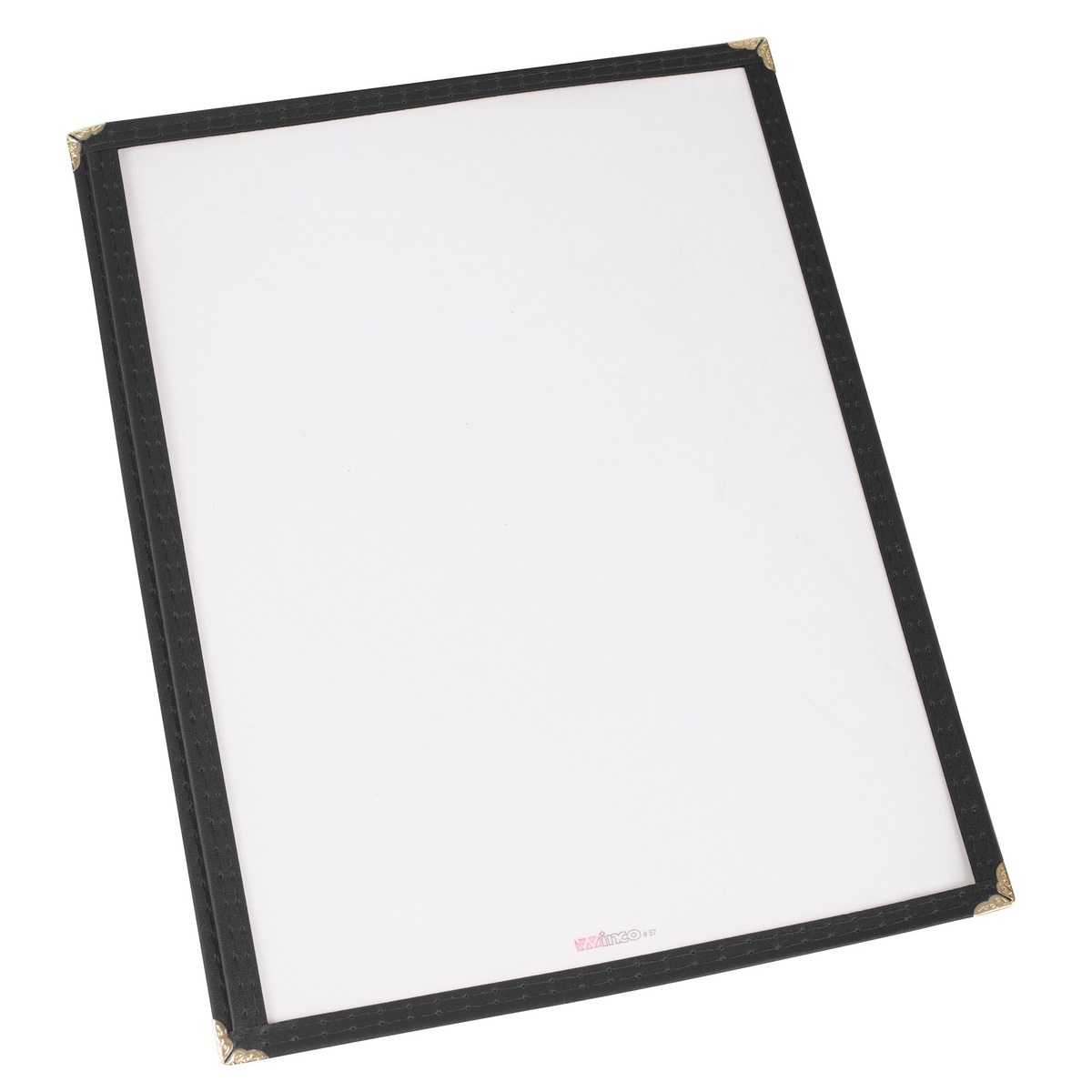 Winco PMC-9K single pocket menu cover in black with gold corner accents, front view