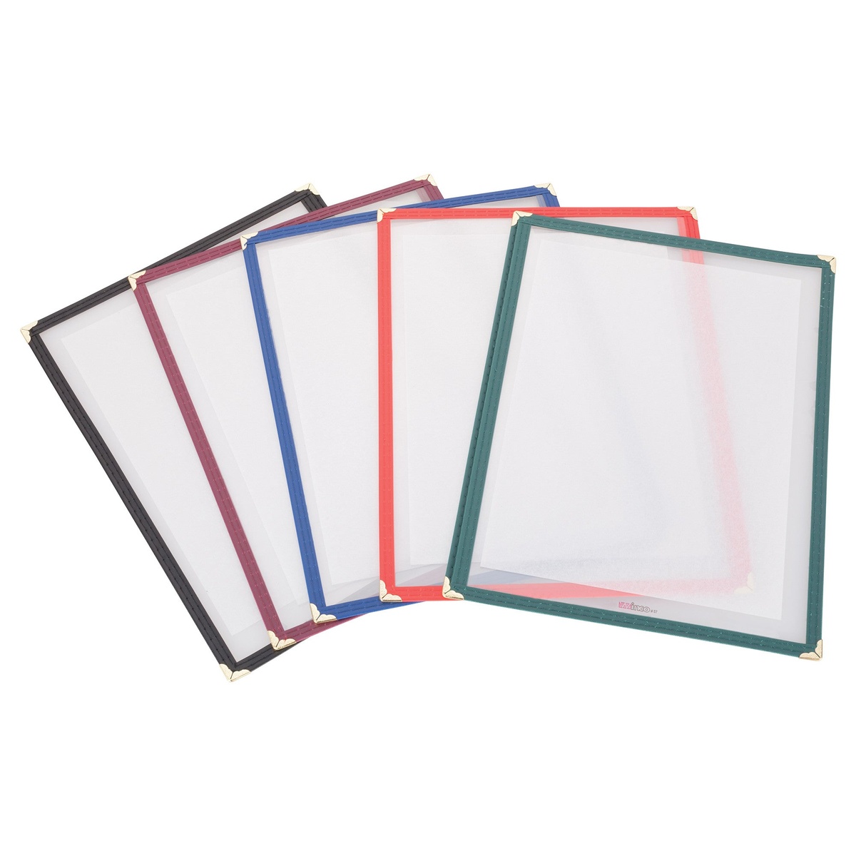 Five Winco single pocket menu covers fanned out showing available colors: black, burgundy, blue, red, and green