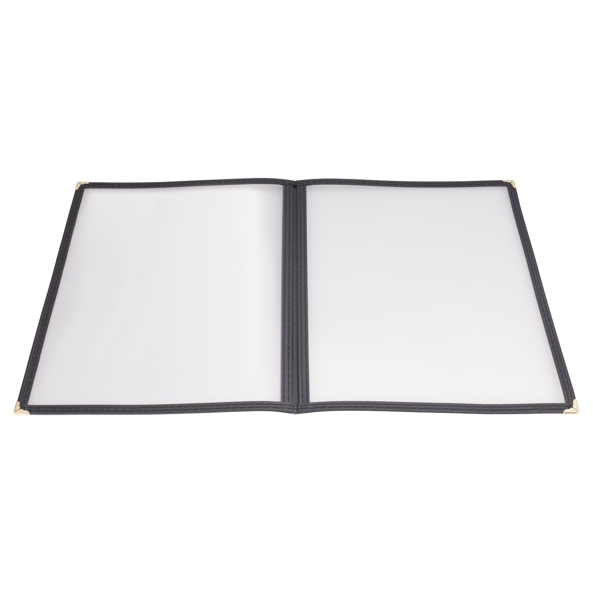 Winco PMCD-9K black double panel menu cover open in book-fold position showing two clear plastic panels with gold corner accents