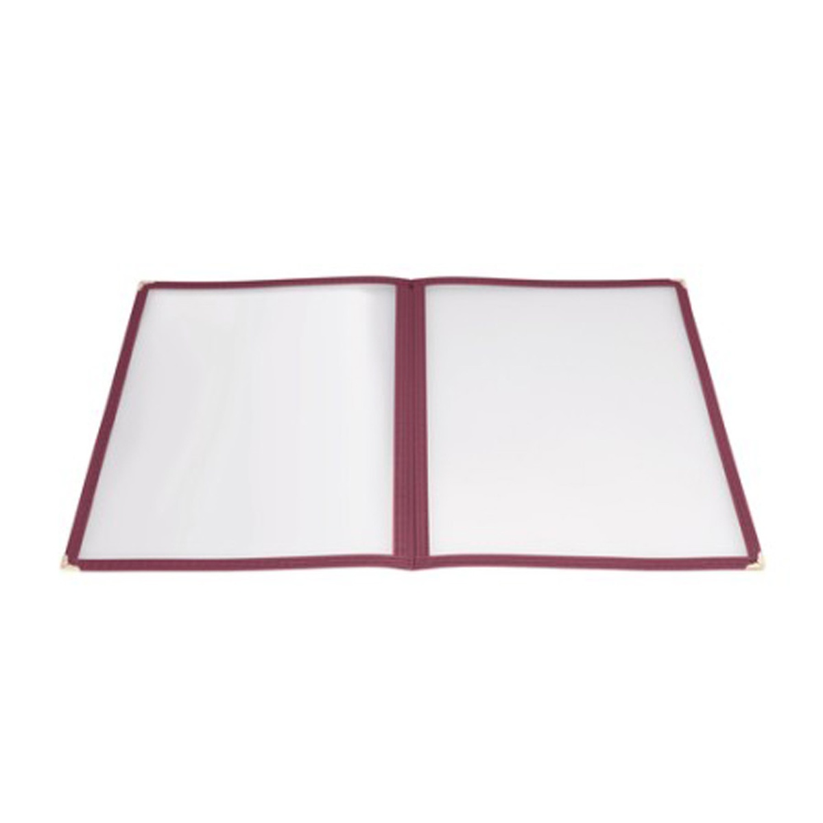 Winco PMCD-9U double-fold menu cover open flat showing two clear panels with burgundy plastic border and stitched edging