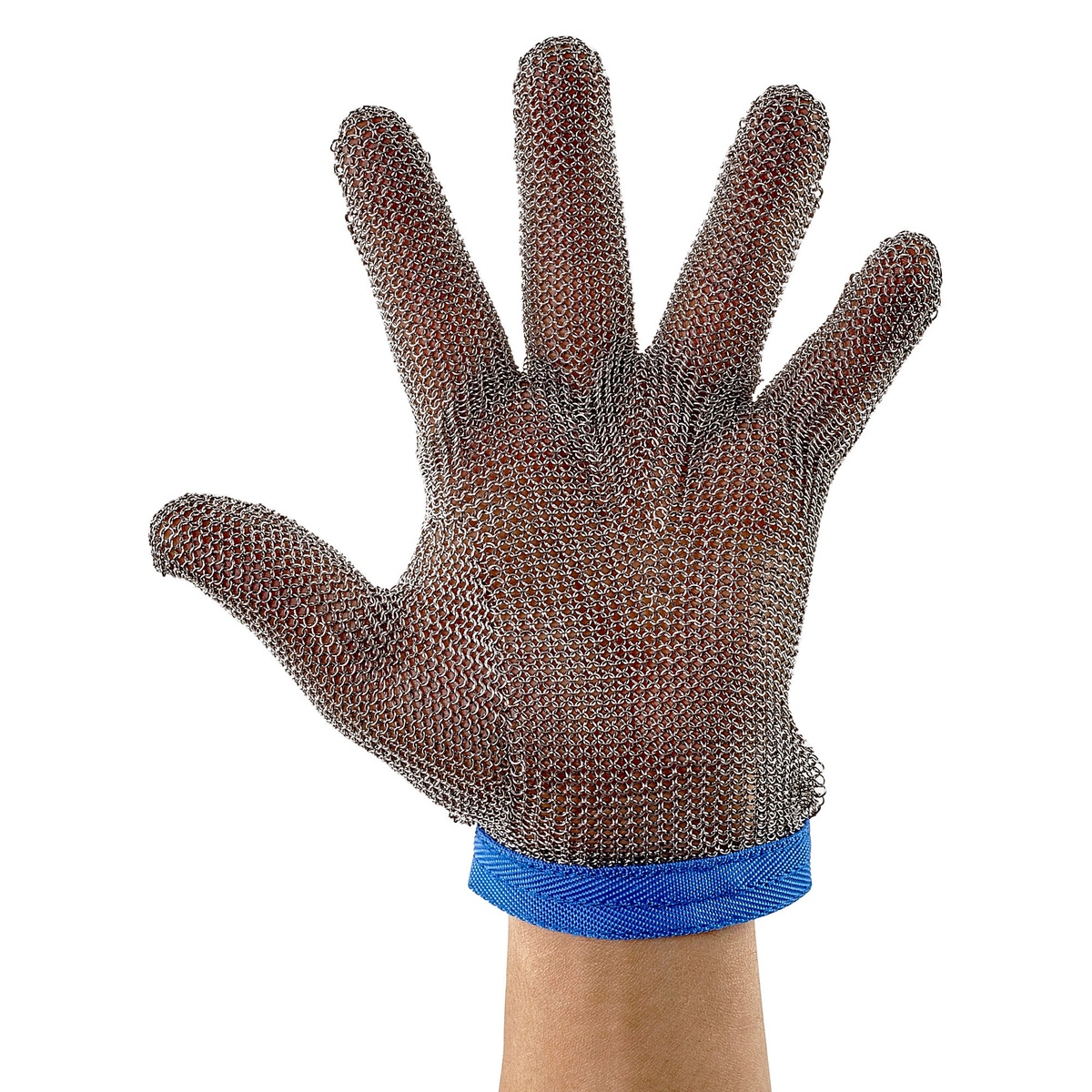 Winco PMG-1L stainless steel mesh cut-resistant glove with blue wrist strap, large size