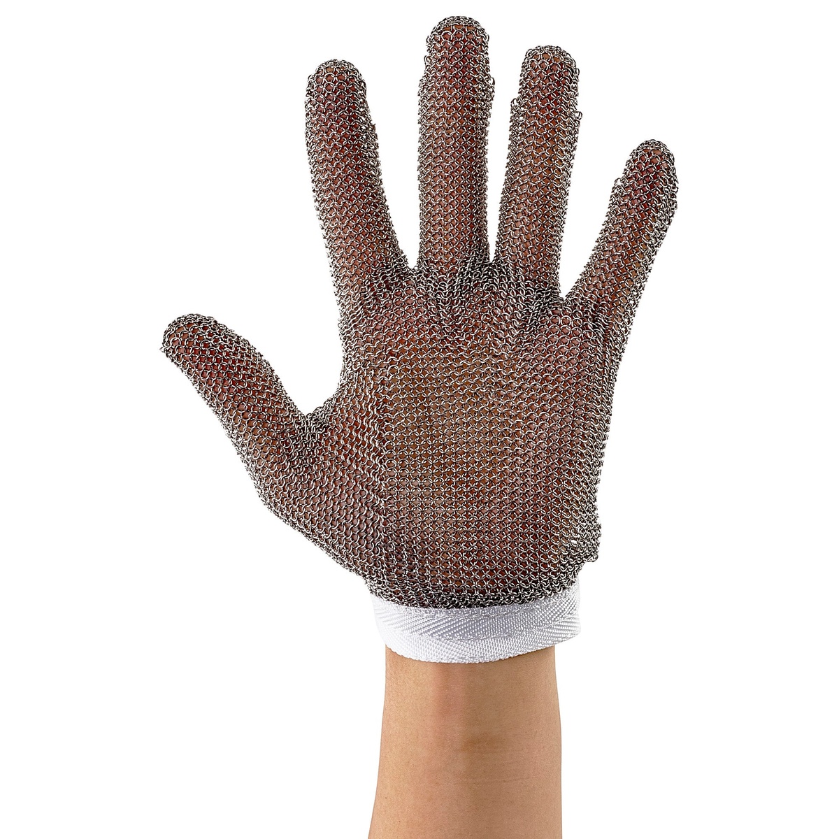 Winco PMG-1S small stainless steel mesh cut-resistant glove worn on a hand showing full five-finger coverage and white wrist strap