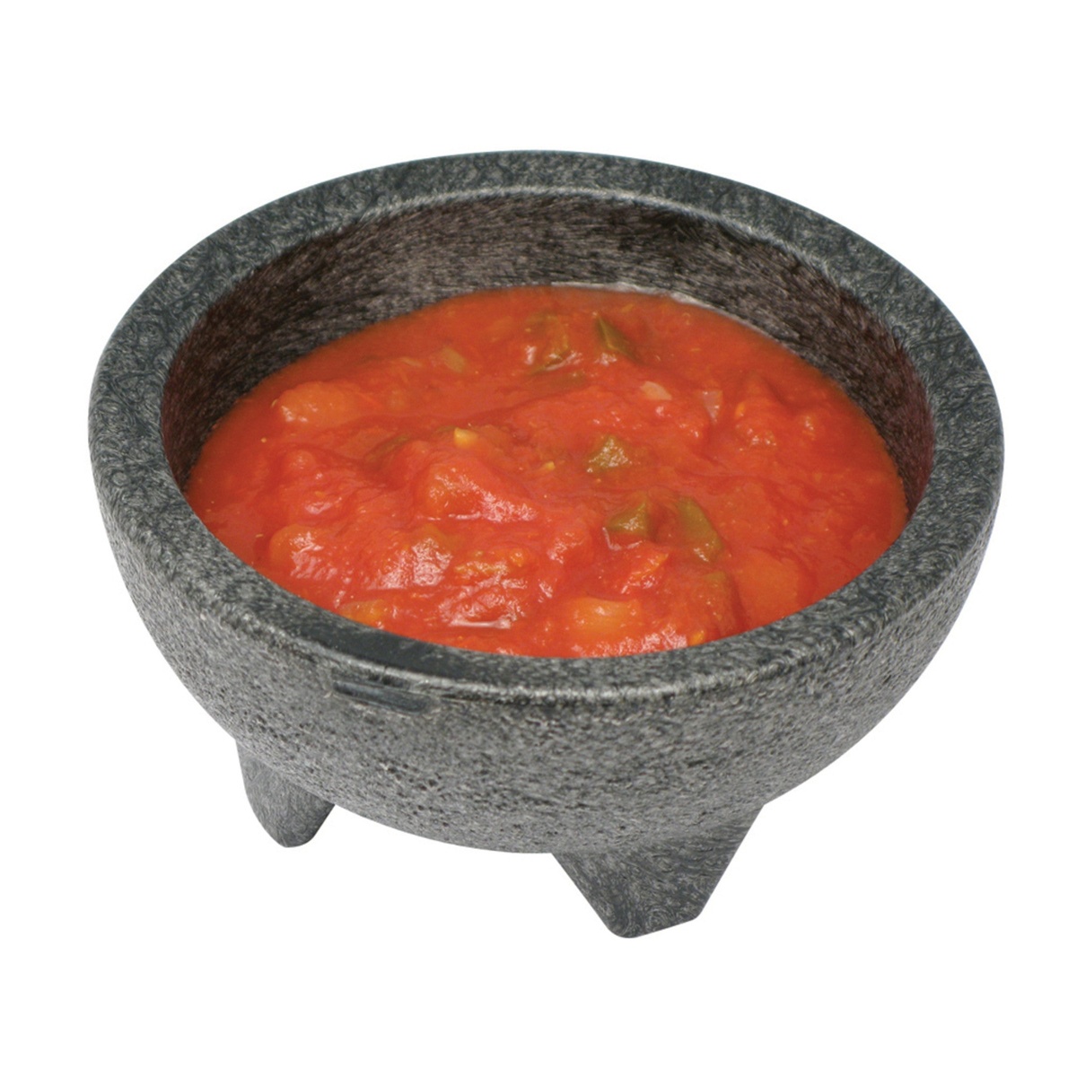 Winco PMSB-10 molcajete salsa bowl filled with fresh salsa, shown on white background