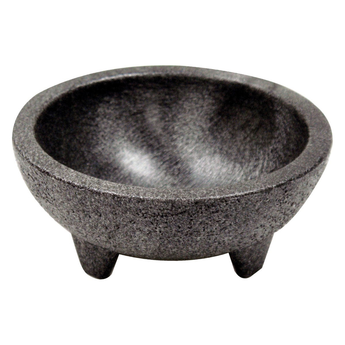 Winco PMSB-4 black polypropylene molcajete salsa bowl with three footed base on white background