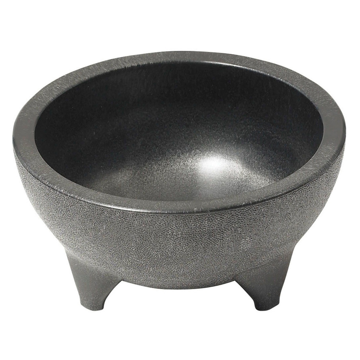 Winco PMSB-56 black 56 oz molcajete salsa bowl with textured stone-like exterior and footed pedestal base