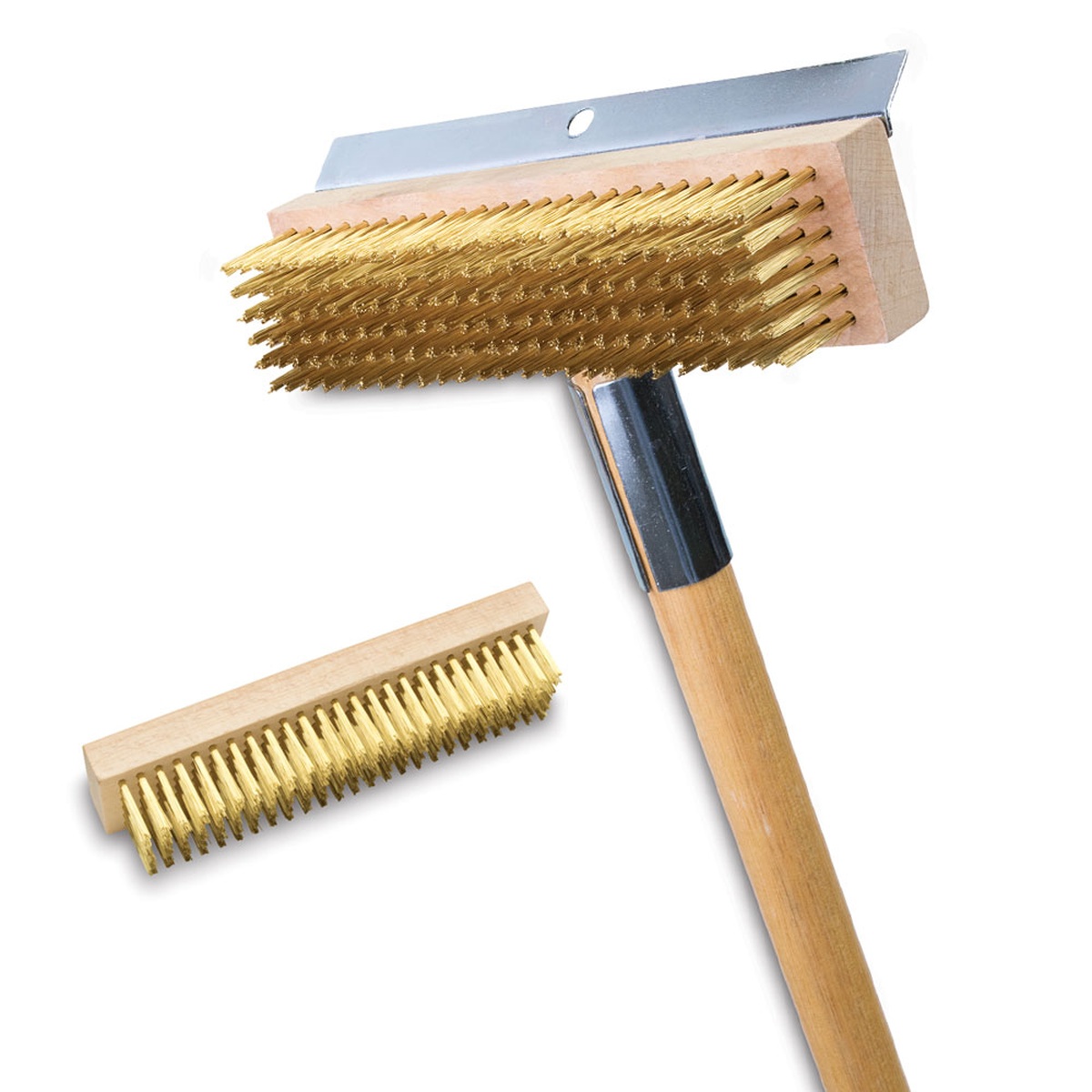 Malish POB-B pizza oven brush with 42-inch wooden handle, brass bristle head with zinc-plated scraper, and standalone replacement brush block