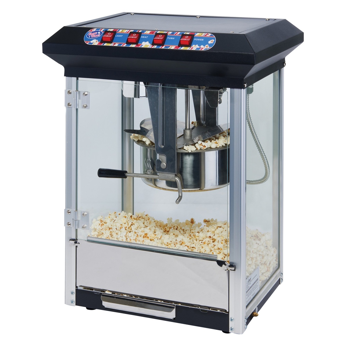 Winco POP-8B black popcorn machine front view with stainless steel kettle and popcorn inside glass cabinet