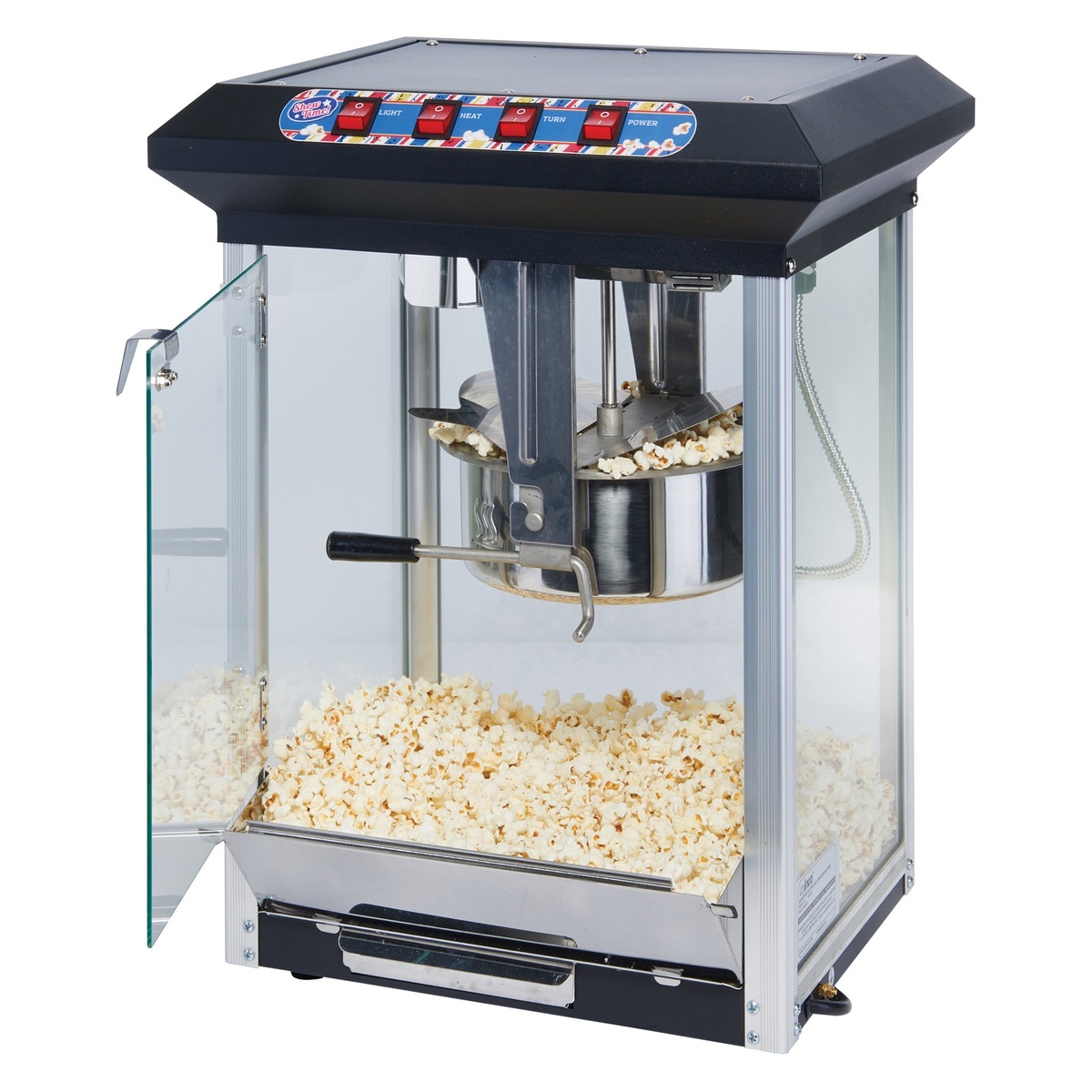 Winco POP-8B popcorn machine with front glass door open showing interior and stainless kettle