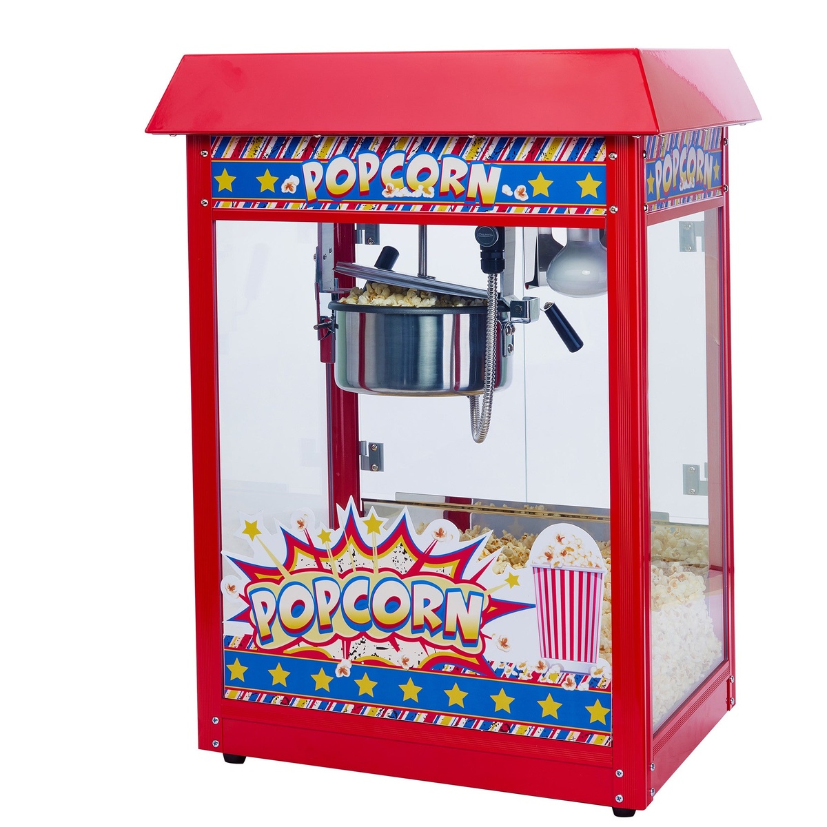 Winco POP-8R red electric popcorn machine front angle view with popcorn in the warming deck