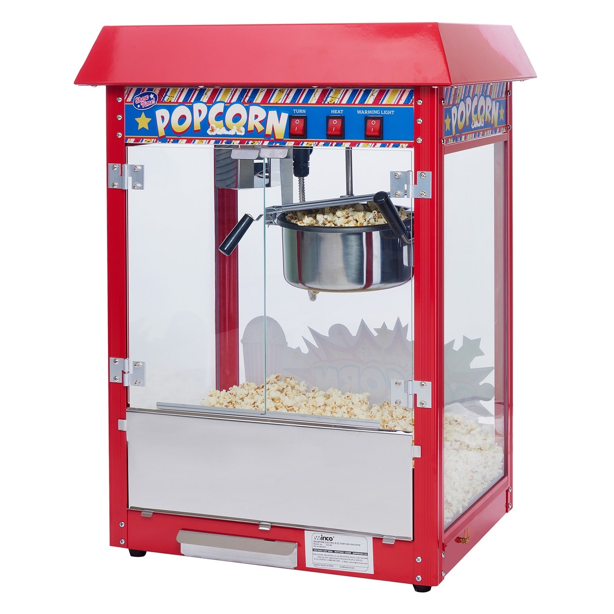 Winco POP-8R popcorn machine front view showing illuminated TURN, HEAT, and WARMING LIGHT control switches