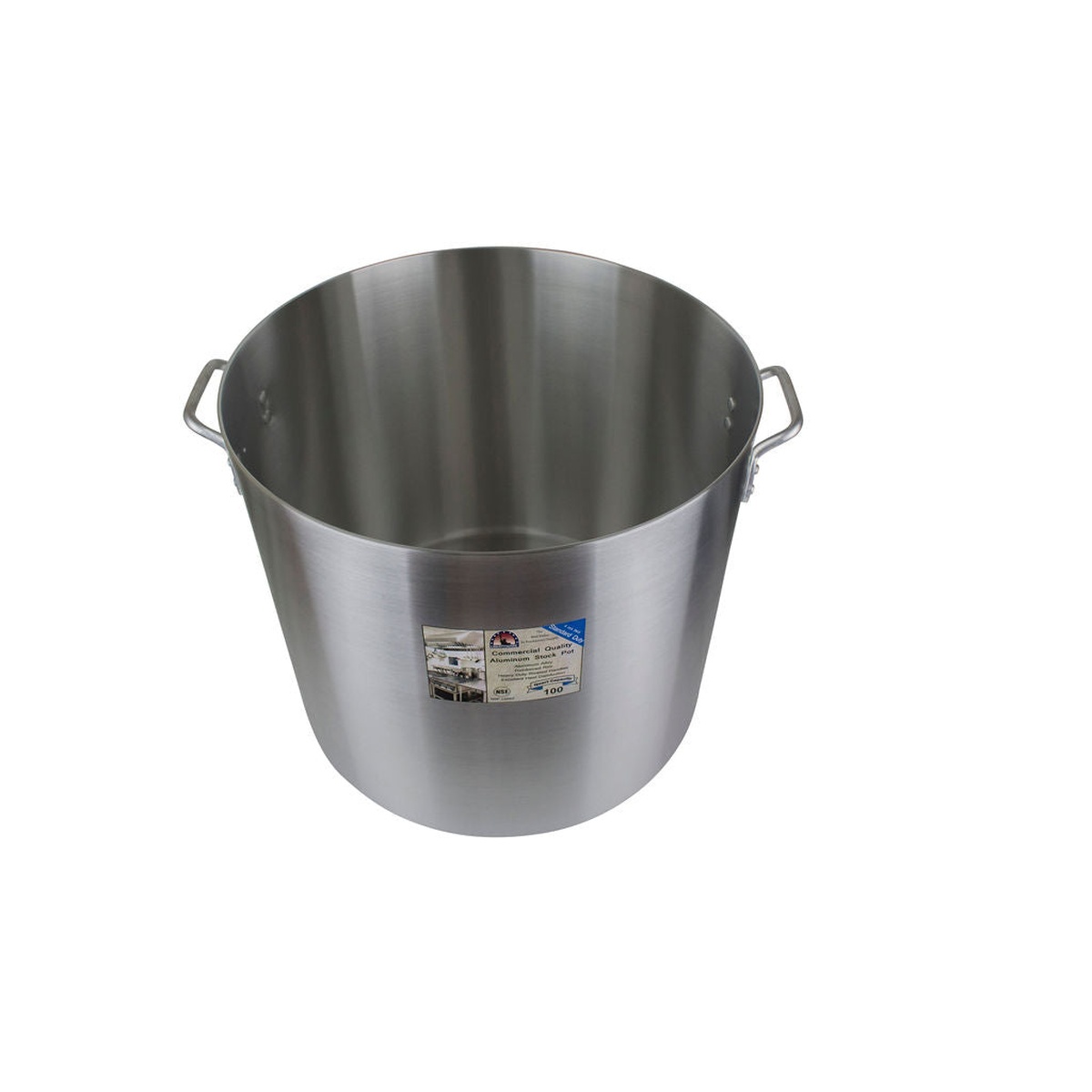 Top down angled view of 100 quart aluminum stock pot showing interior and handles
