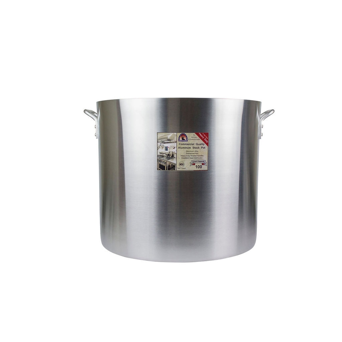 Libertyware POT100H 100-quart heavy-duty aluminum stock pot, front view showing riveted handles and product label