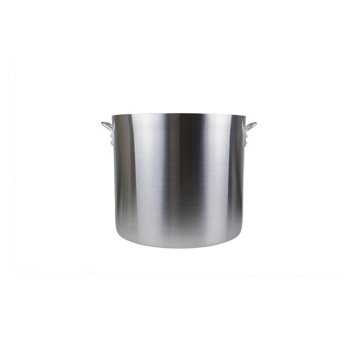 Libertyware POT100H 100-quart aluminum stock pot clean front view showing brushed aluminum finish and riveted handles