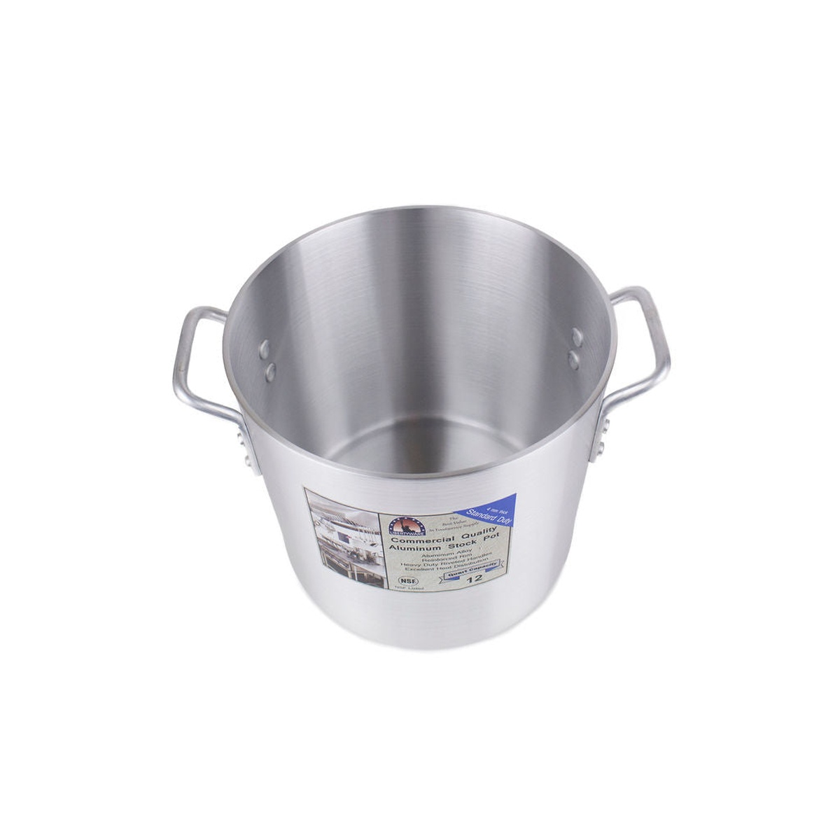 Libertyware 12-quart aluminum stock pot viewed from above, showing interior and riveted handles
