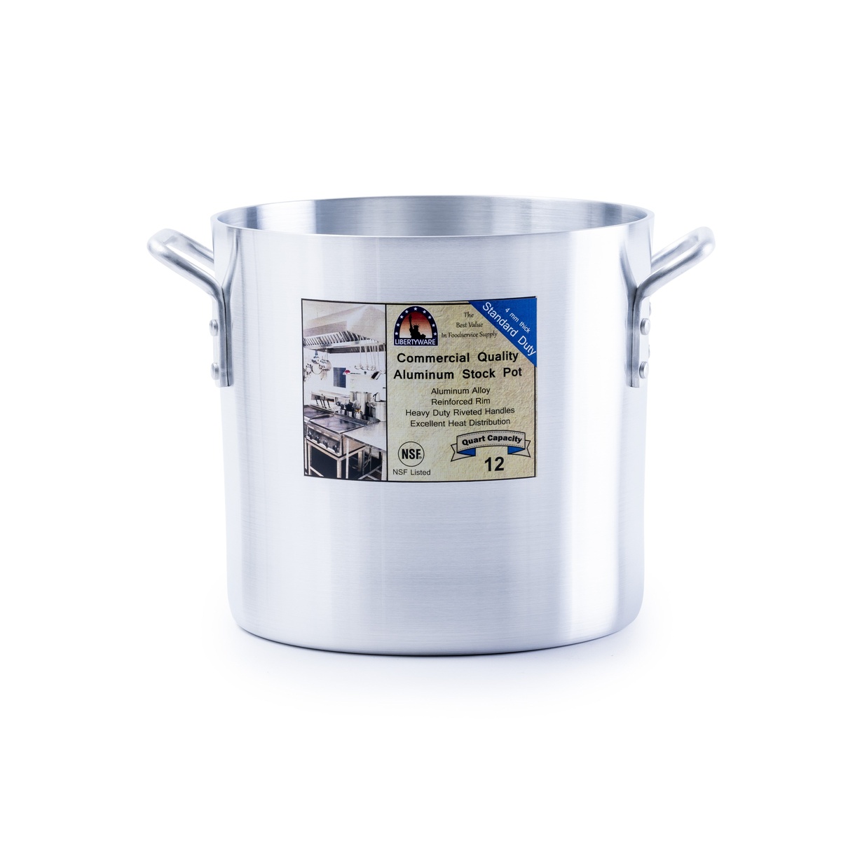 Libertyware 12-quart aluminum stock pot with NSF label showing Standard Duty 4mm thick rating