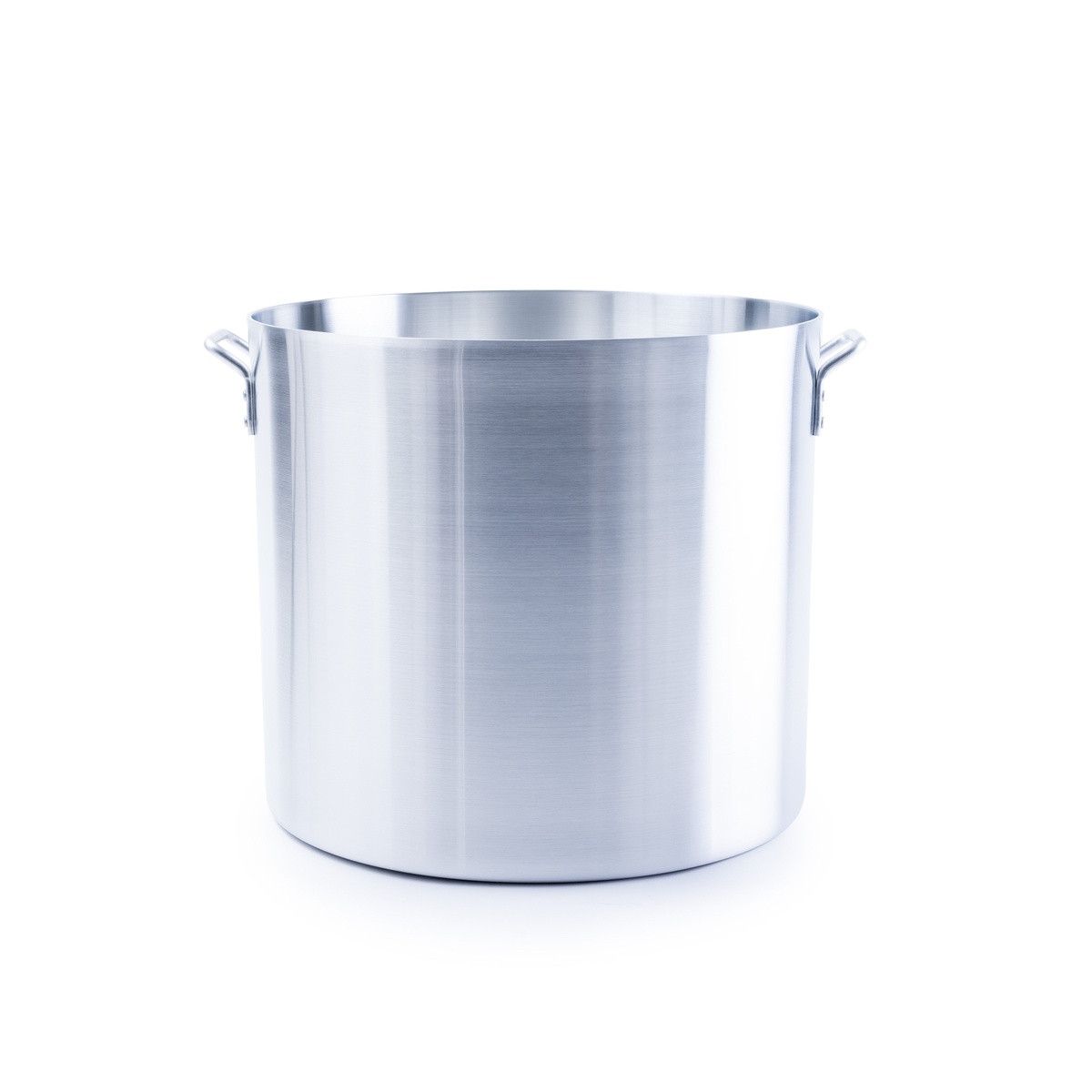 Libertyware POT120 120-quart aluminum stock pot showing clean brushed exterior and riveted handles