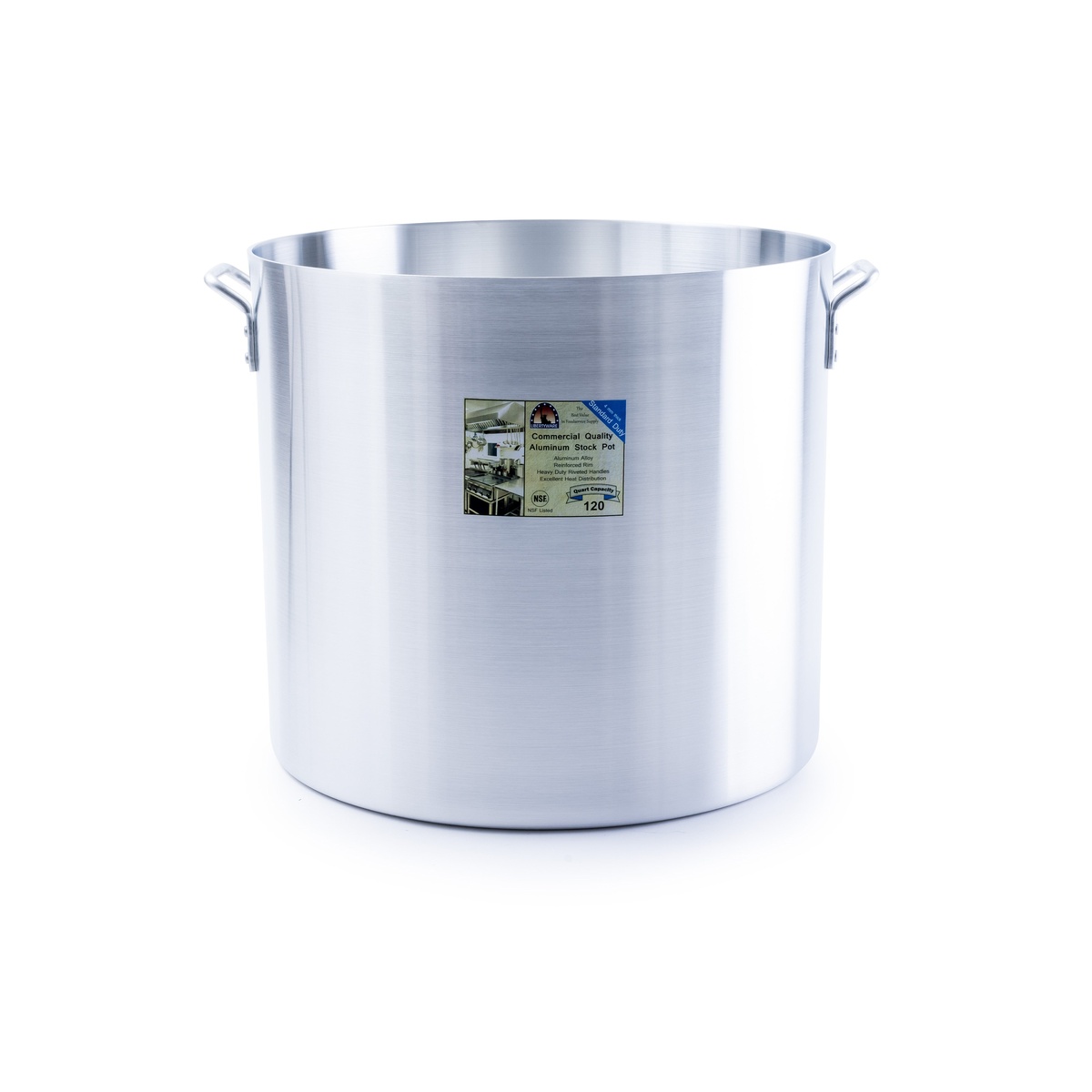 Libertyware POT120 120-quart aluminum stock pot with retail label showing NSF listing and 120-quart capacity