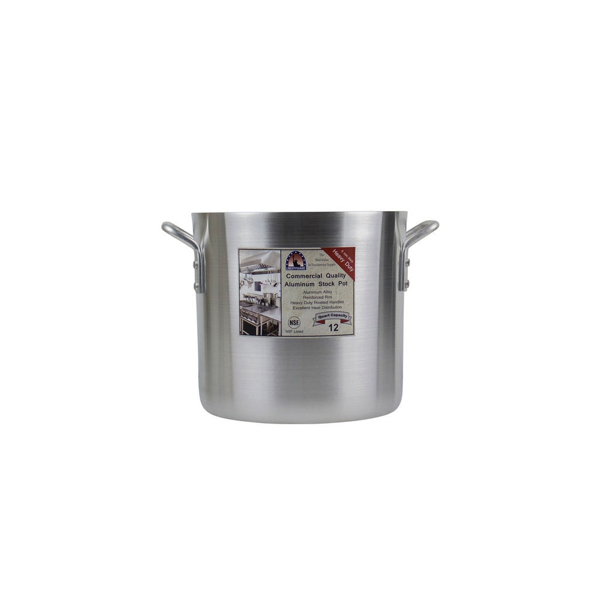 Front view of Libertyware 12 quart aluminum stock pot with commercial quality label
