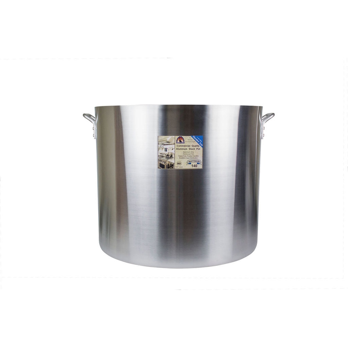 Libertyware POT140 140-quart aluminum stock pot front view with product label and handles