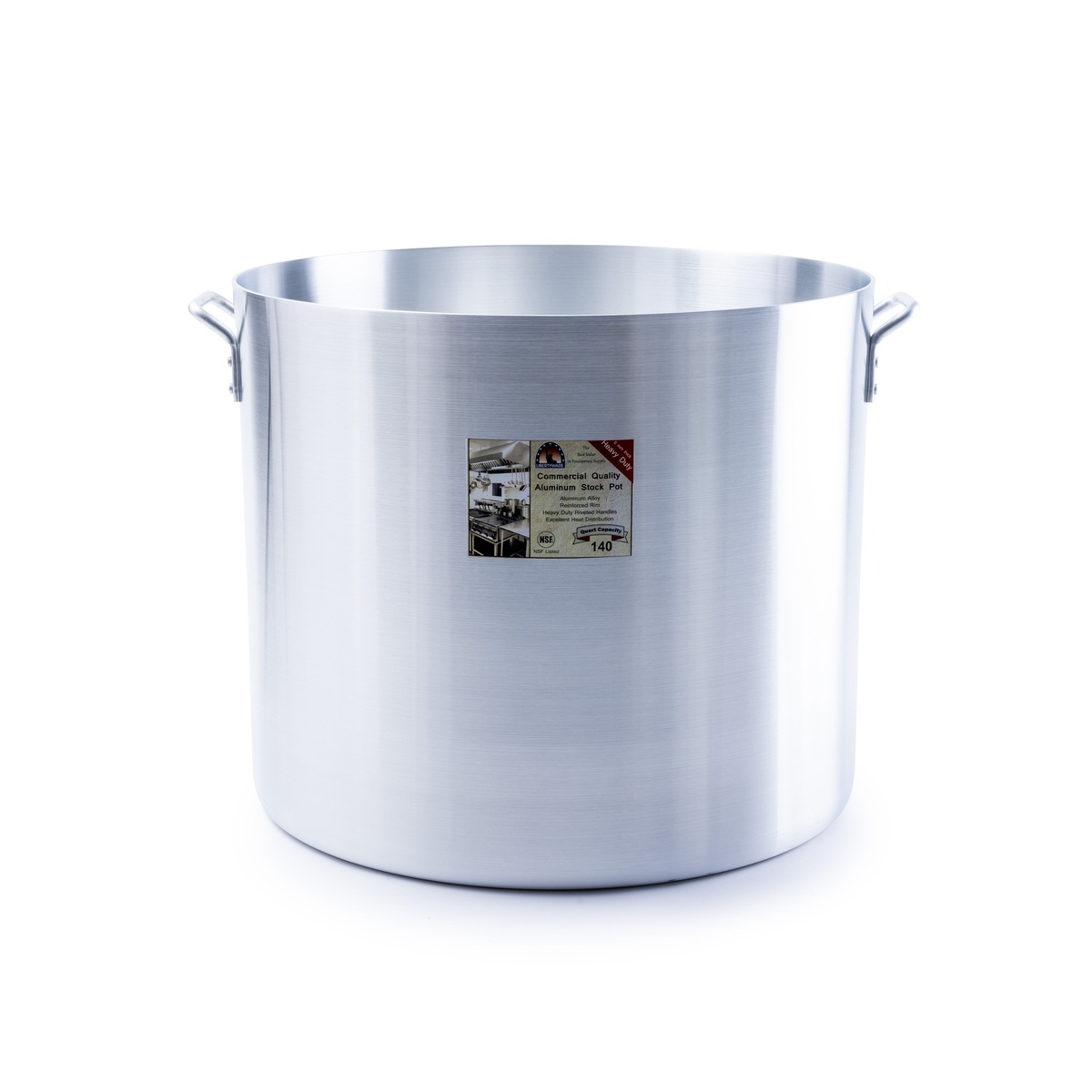 Libertyware POT140H 140-quart aluminum stock pot with retail label showing NSF listing and capacity
