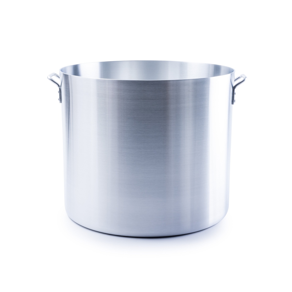 Libertyware POT140H 140-quart aluminum stock pot, clean view showing riveted handles and reinforced rim