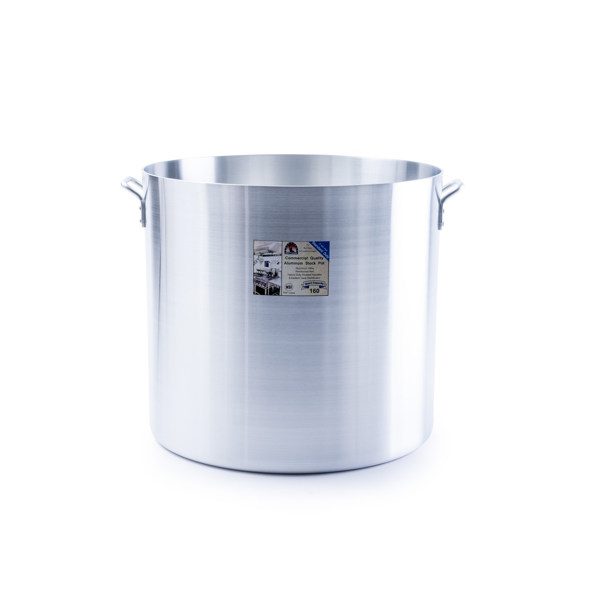 Libertyware POT160 160-quart aluminum stock pot with retail label showing NSF certification and capacity