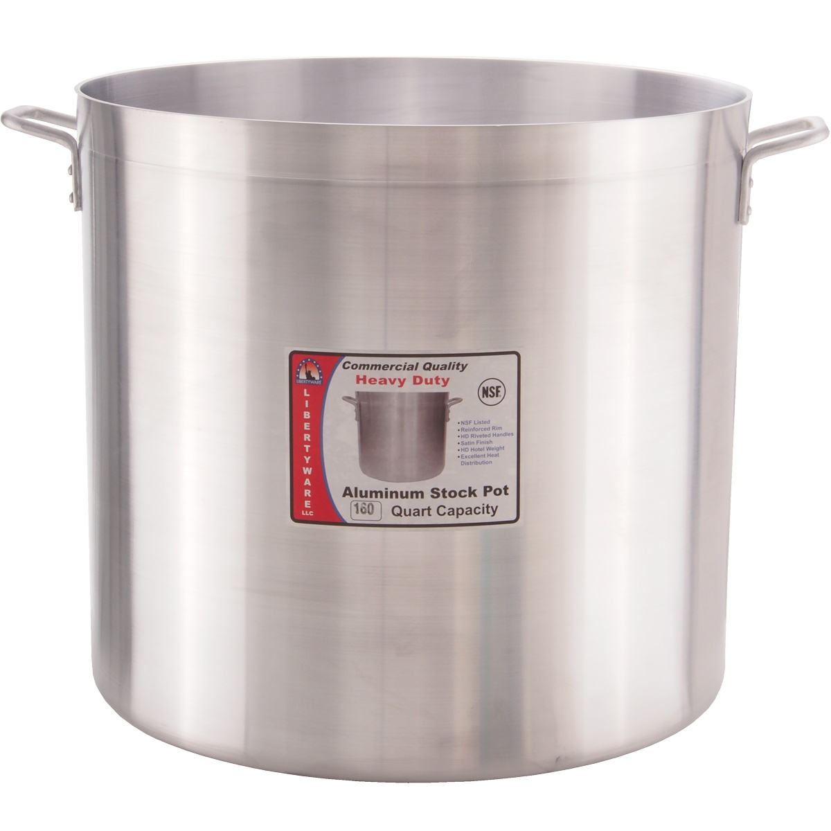 Libertyware POT160H aluminum stock pot showing retail label with NSF listing and 160 quart capacity