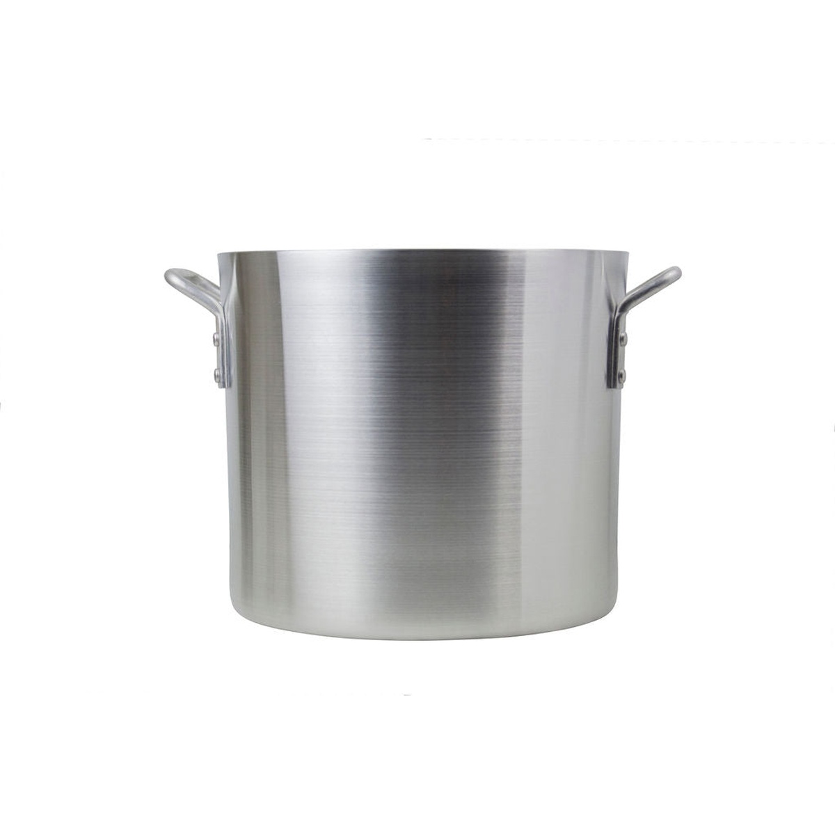 Libertyware POT16H aluminum stock pot side view showing riveted handles and brushed aluminum finish