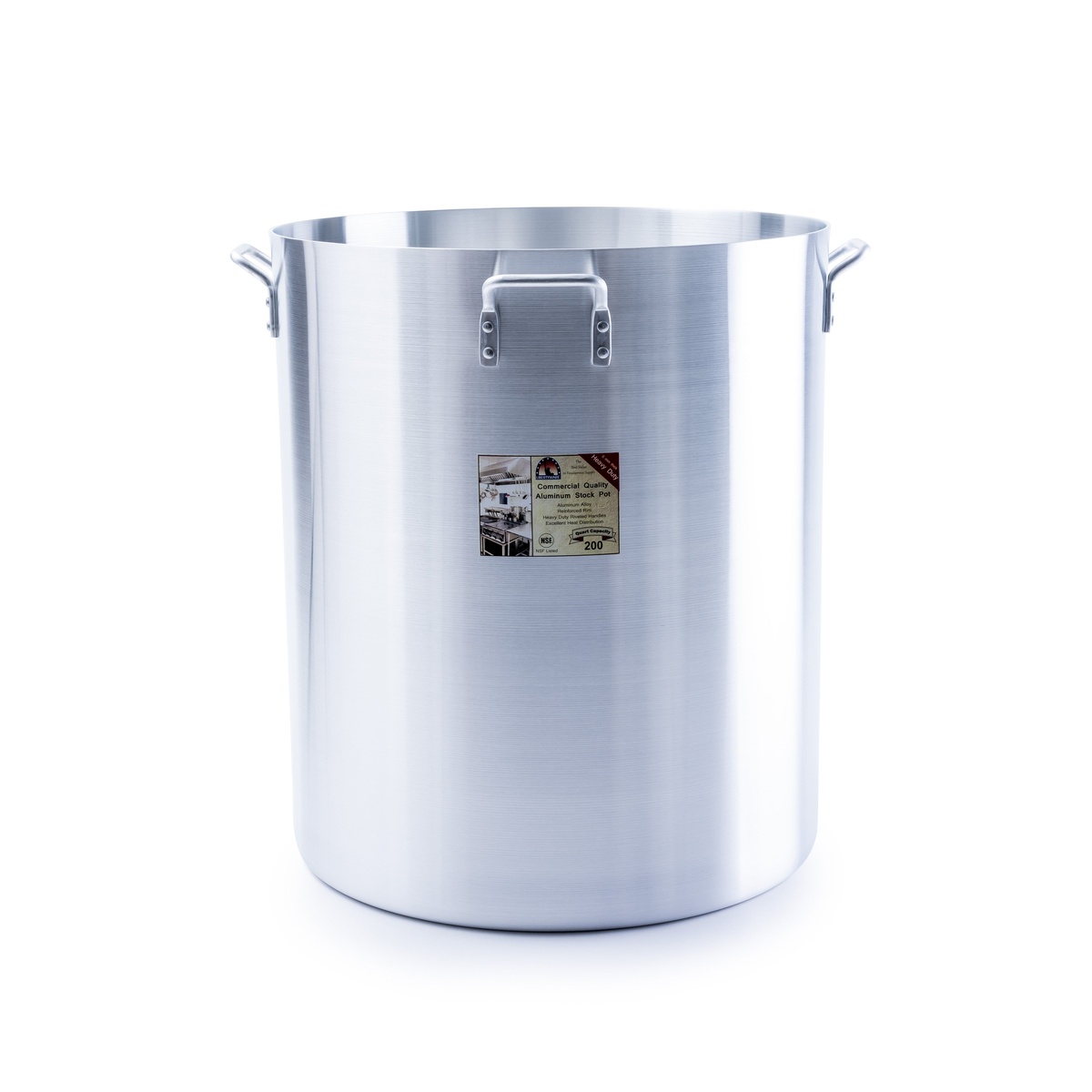 Libertyware POT200H 200-quart heavy duty aluminum stock pot with retail label showing NSF certification and 200 qt capacity