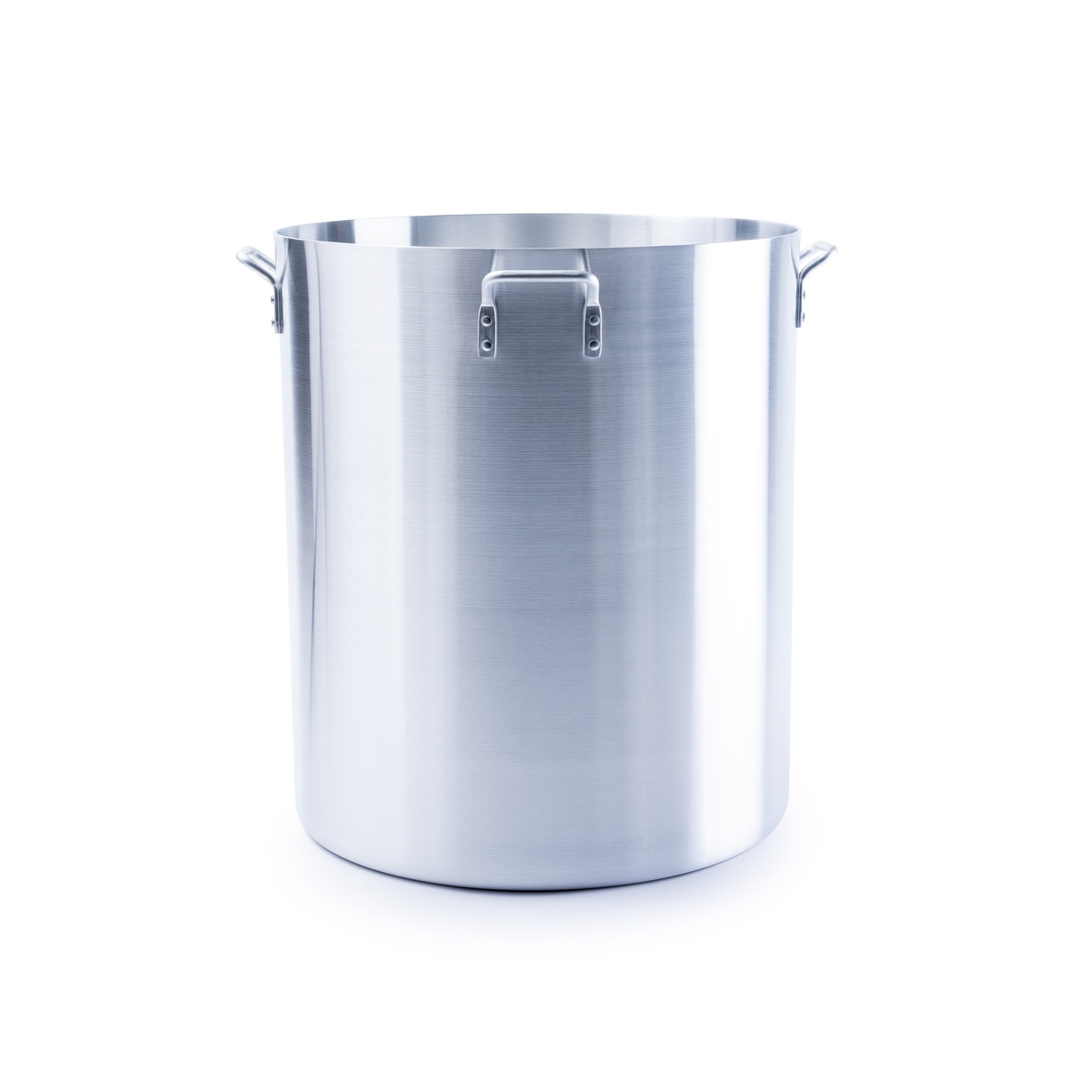 Libertyware POT200H 200-quart heavy duty aluminum stock pot showing four handles and brushed aluminum finish