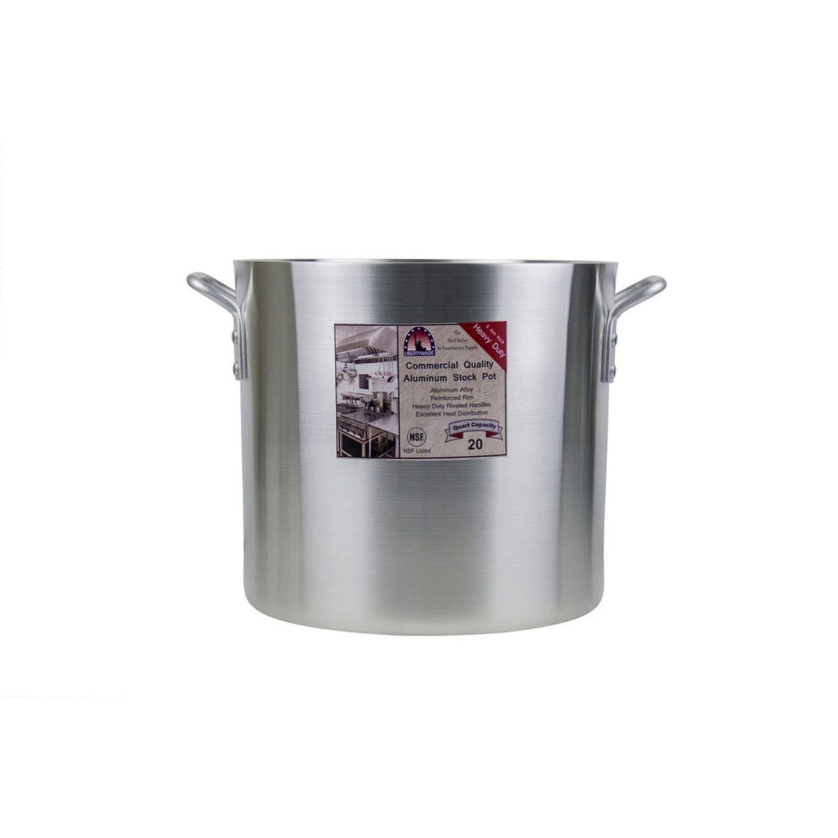 Libertyware POT20H 20-quart aluminum stock pot front view with commercial quality label and NSF listing