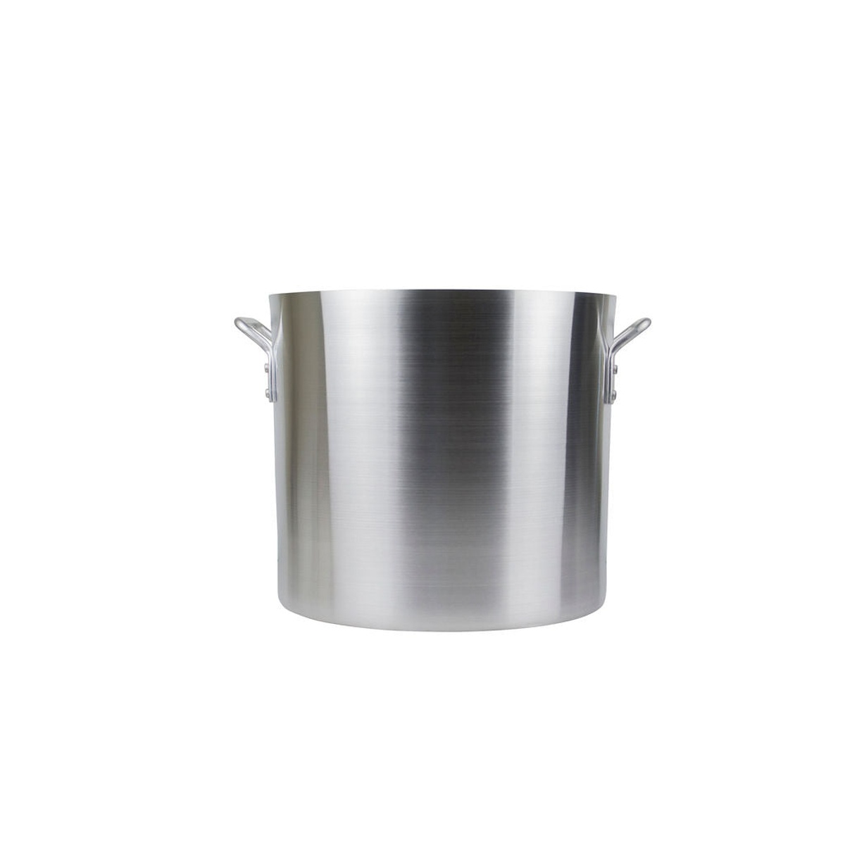 Libertyware 32-quart aluminum stock pot side view showing riveted handles and brushed finish
